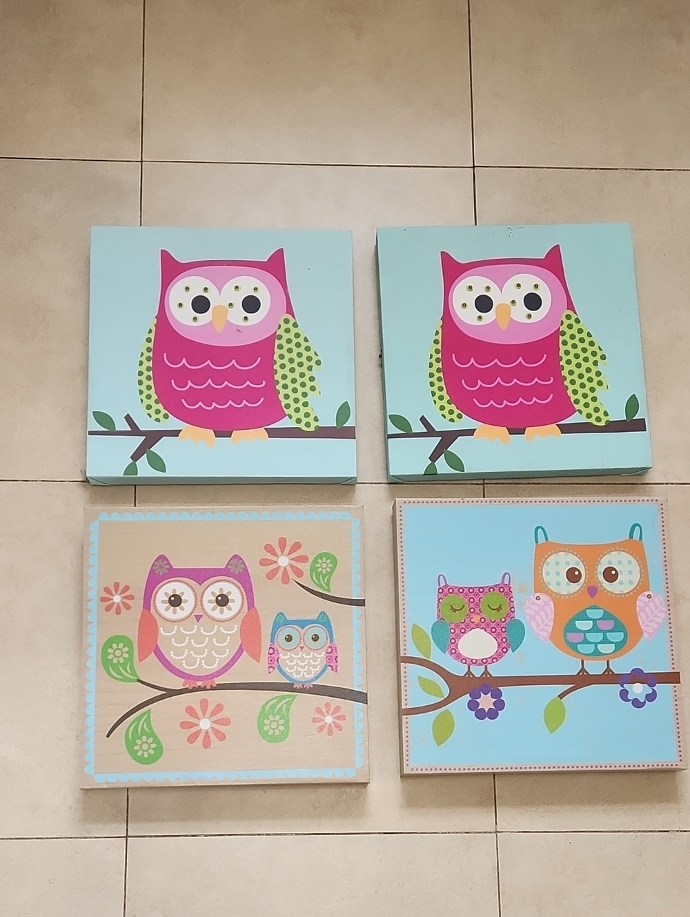 Hobby Lobby Pink & Aqua Owl Canvas Wall Art Set